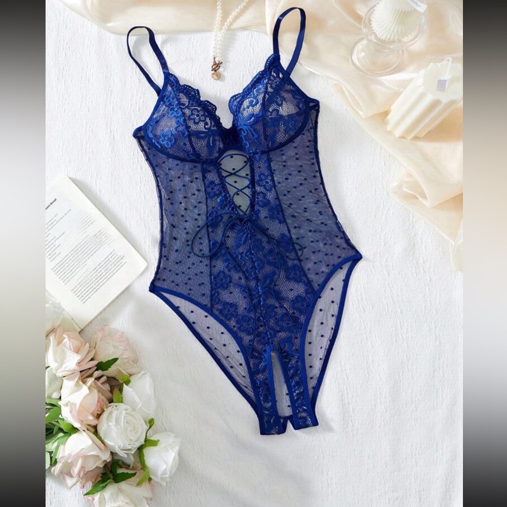1pc Lace Contrast Mesh Ladies' Sexy Elegant Floral One-Piece Lingerie Bodysuit